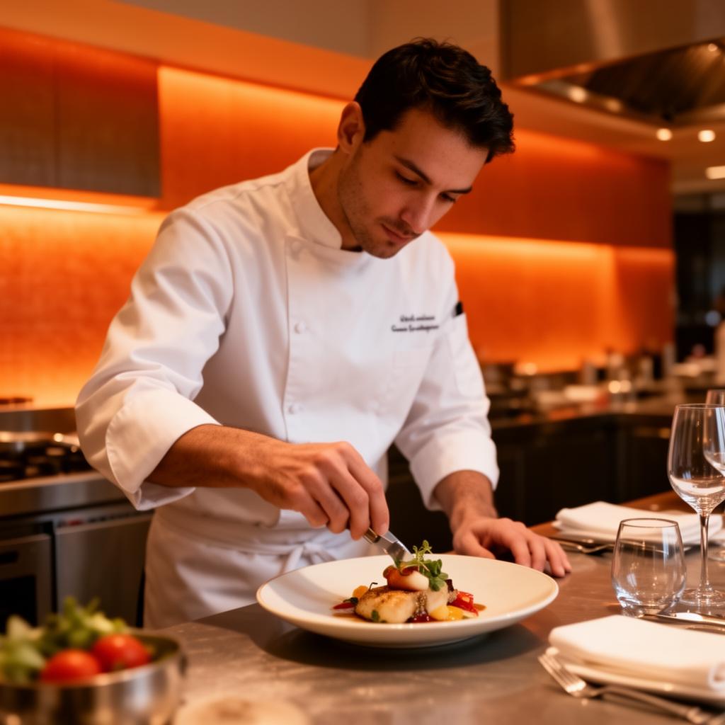 Chef plating a signature dish in a modern restaurant kitchen